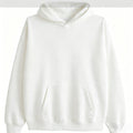 White hooded sweatshirt, unisex, loose fit, basic style, versatile pullover top for autumn and winter.
