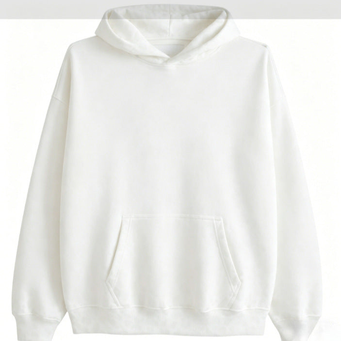 White hooded sweatshirt, unisex, loose fit, basic style, versatile pullover top for autumn and winter.